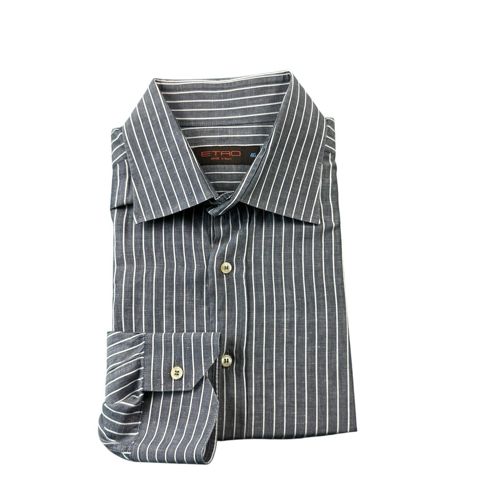 Etro Milano Mens Gray White Striped Linen Cotton Button Front Shirt Size 46